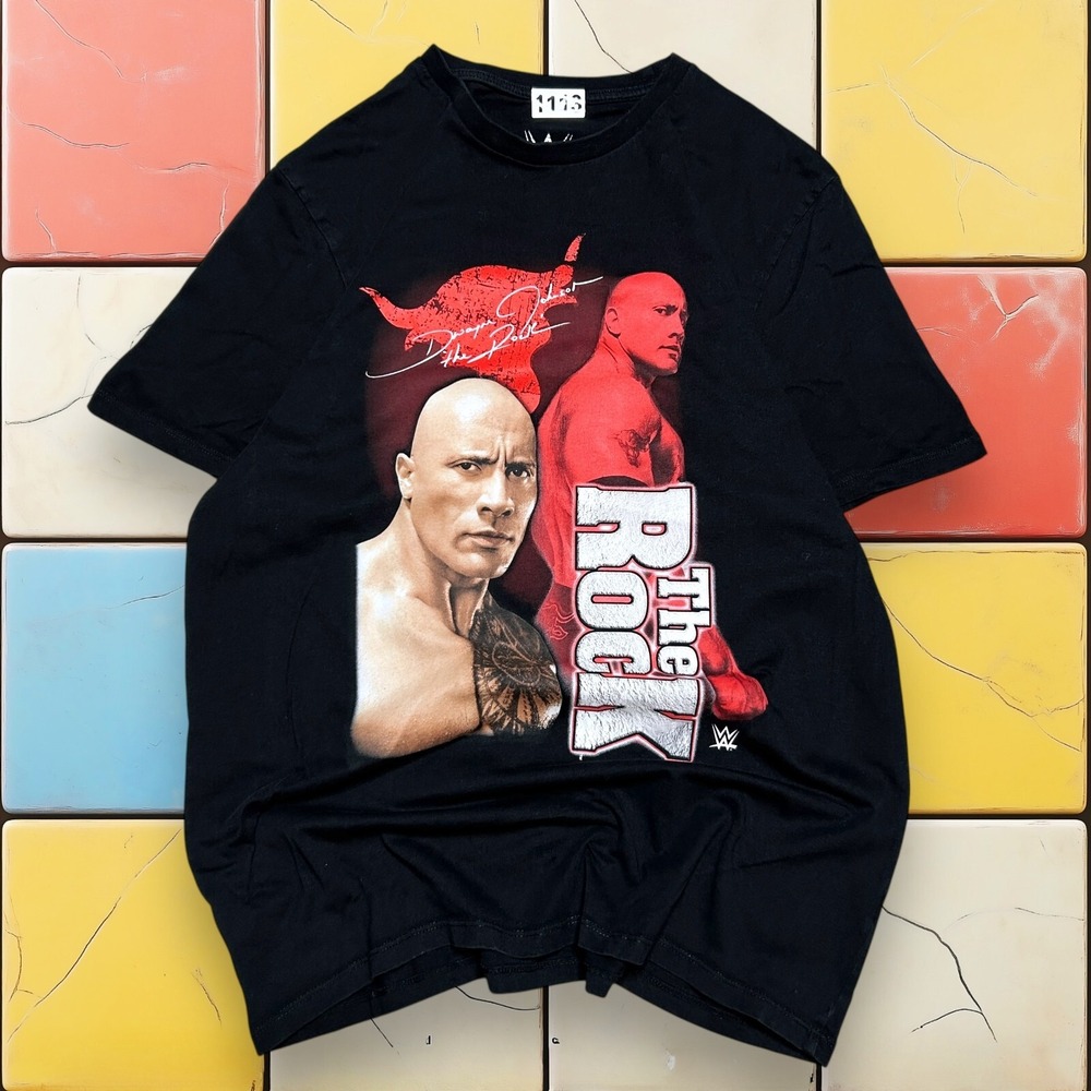 Y2K WWE The Rock Wrestling T-Shirt WWF Dwayne Johnson Black Graphic Men Size L‎